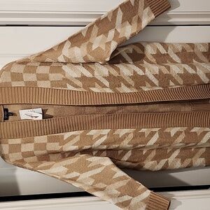 NEW Jessica Simpson cozy tan and cream geometric open front cardigan